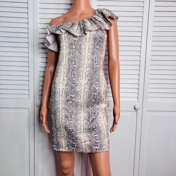 JAY GODFREY Python Animal Print Above Knee One Shoulder Ruffle Dress Size 2 - Picture 1 of 7